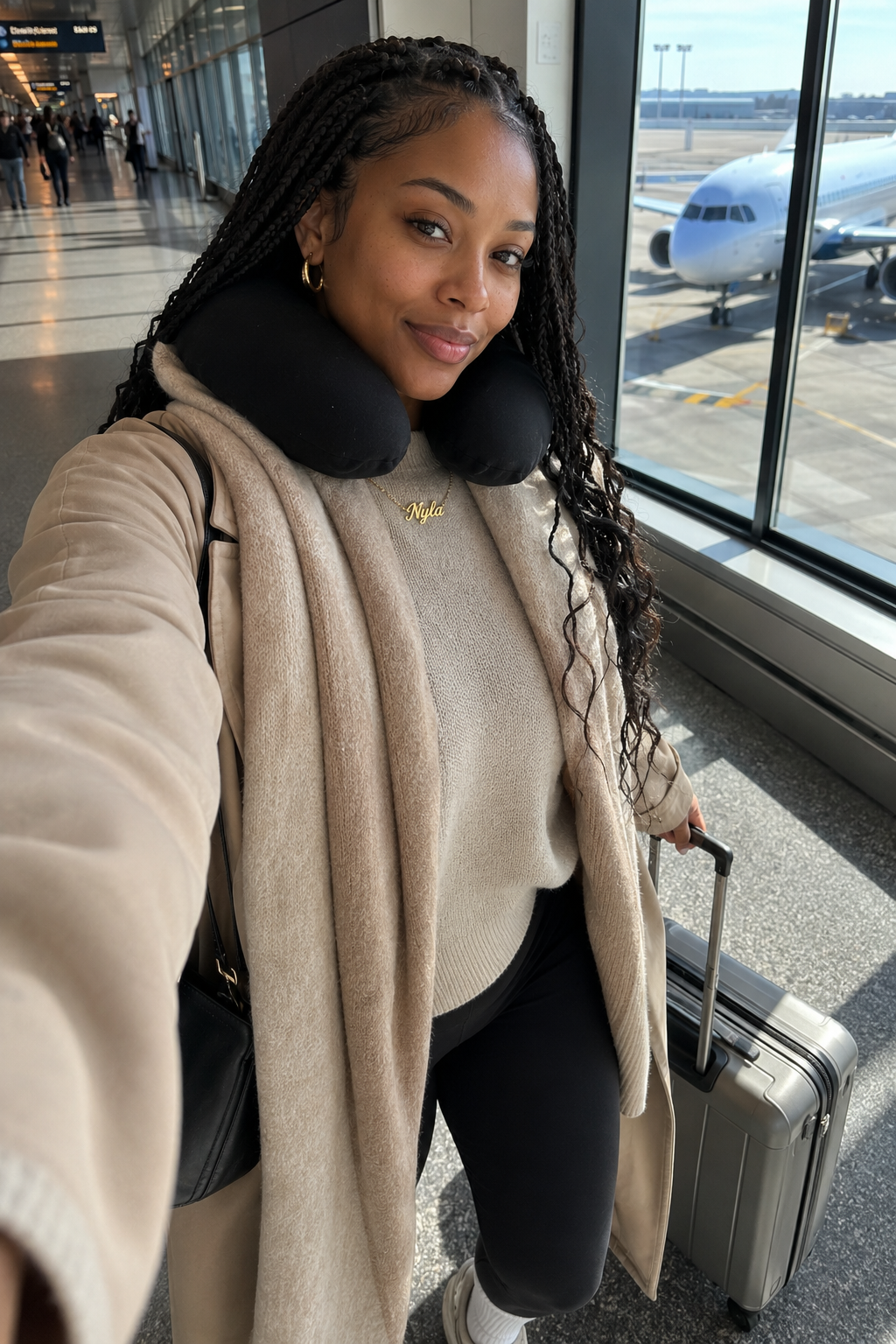 Travel-day airport selfie with carry-on