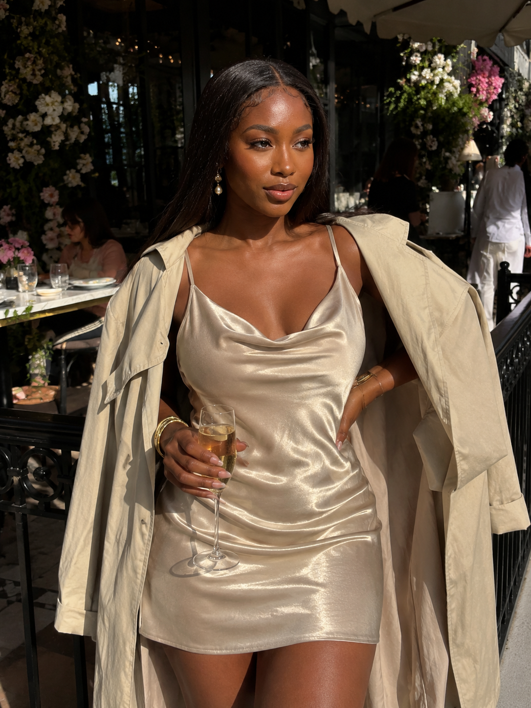 Lifestyle portrait in champagne satin dress